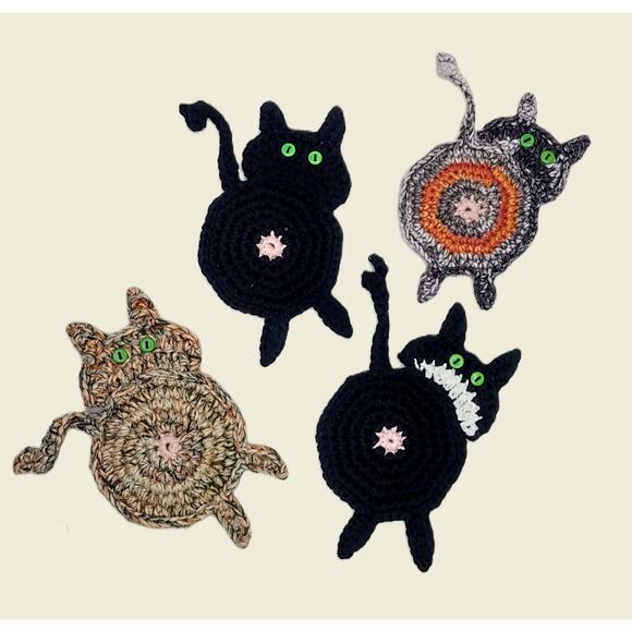 Hand Crafted Cat Butt Coasters Crochet Set of Two Peeking Kitty Table Mug Rug - Picture 1 of 14